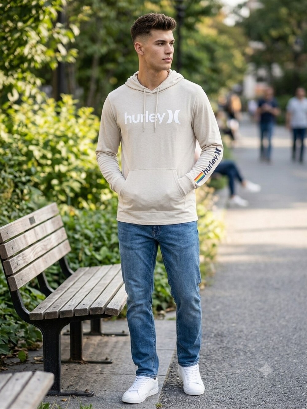 HURLEY® Pipelined Pullover Hoodie, color is bone, cotton, size Large